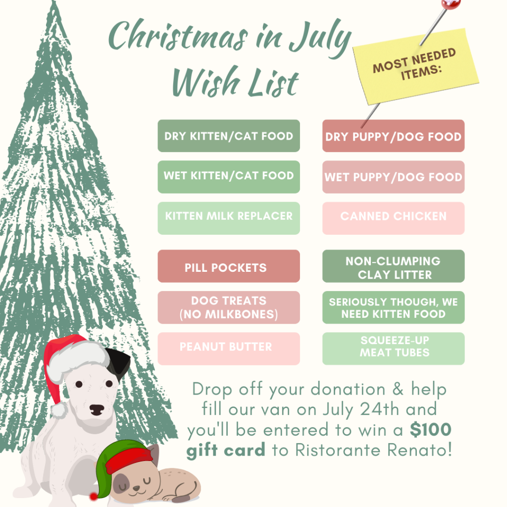 Wish list for Christmas in July Fredericksburg SPCA